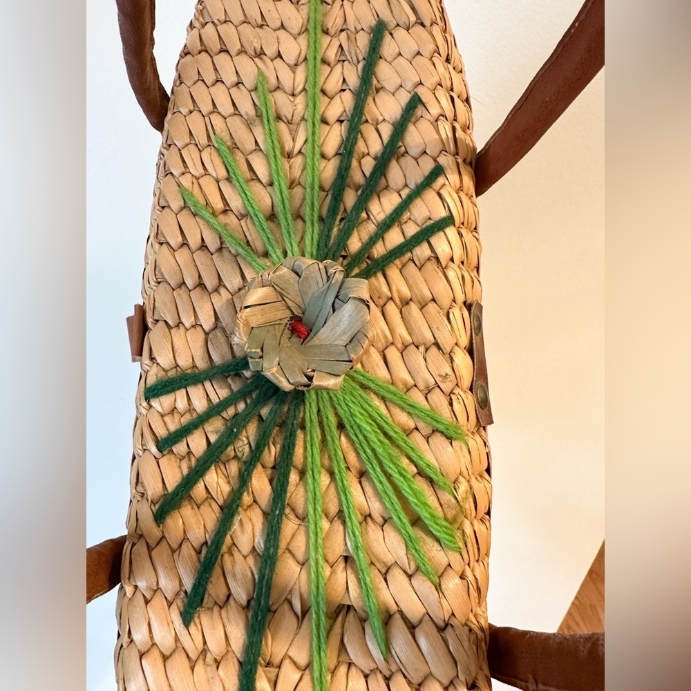 Vintage 3D Floral Wicker Basket Bag Purse Handbag Tan Green - Picture 5 of 9